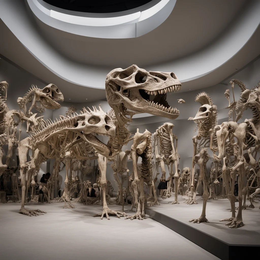 a museum full of people exposing dinosaur skeletons realistic cinematic w 12000 h 6000