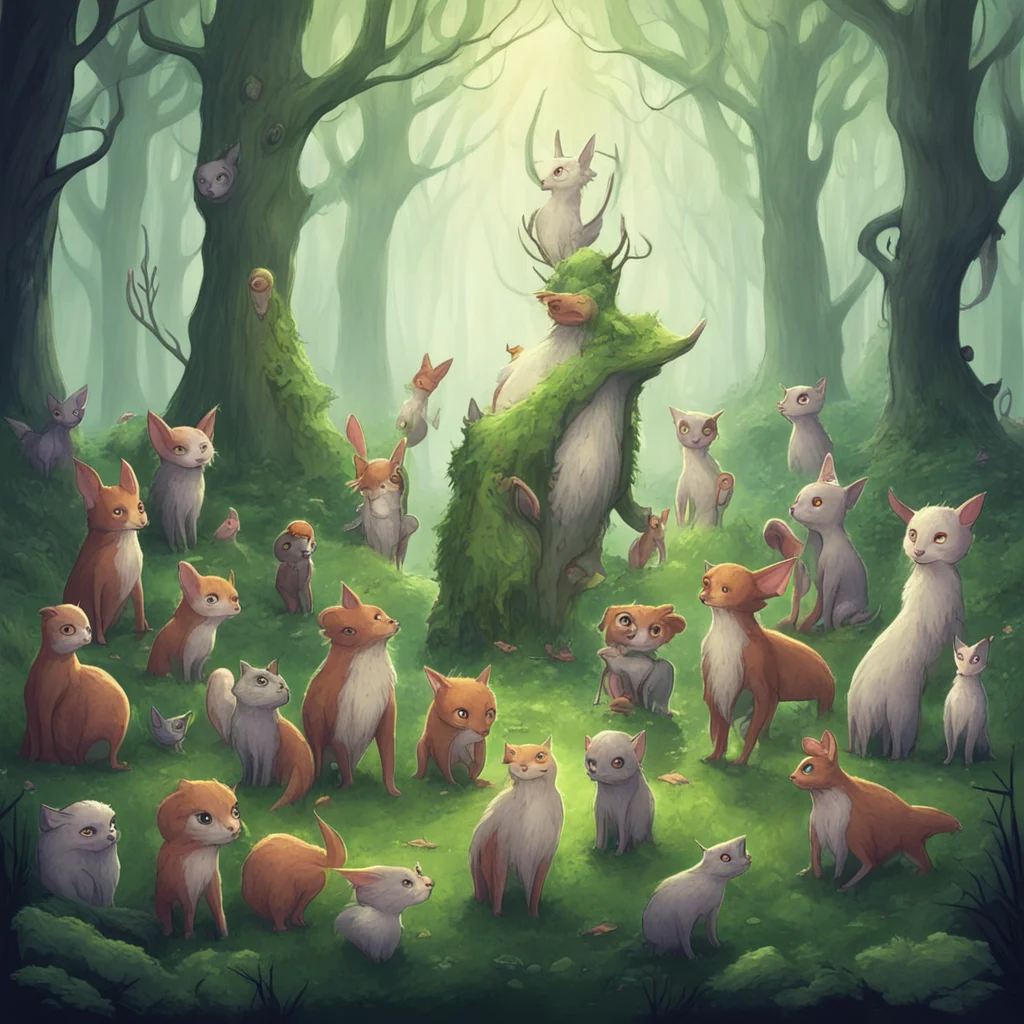 a mysterious and mystical cartoon of elven villagers and their many different kinds of pets in the misty forests of a la