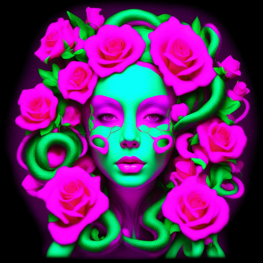a neon 3d woman’s face with snakes and roses in the style of james jirat patradoon