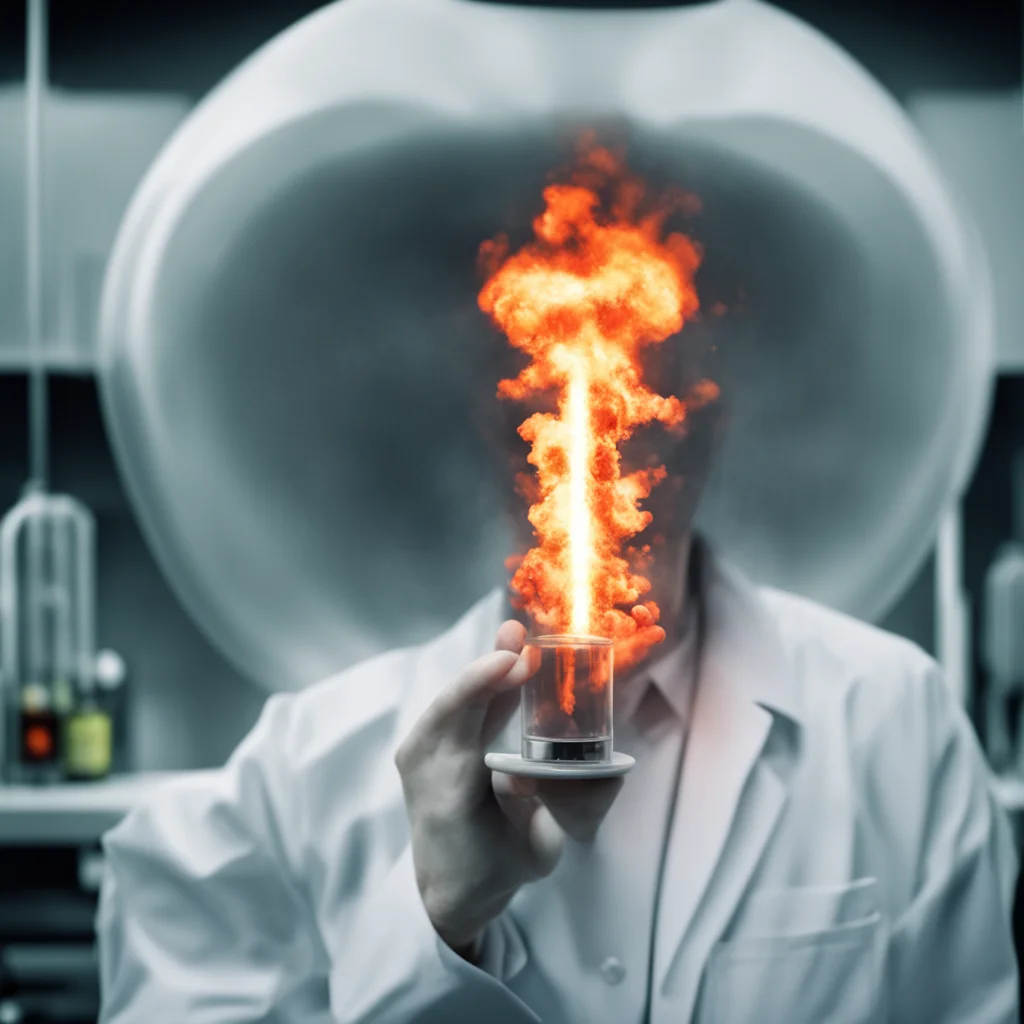 a nuclear explosion in a test tube being held by a scientist who is peering at it and wearing a lab coat