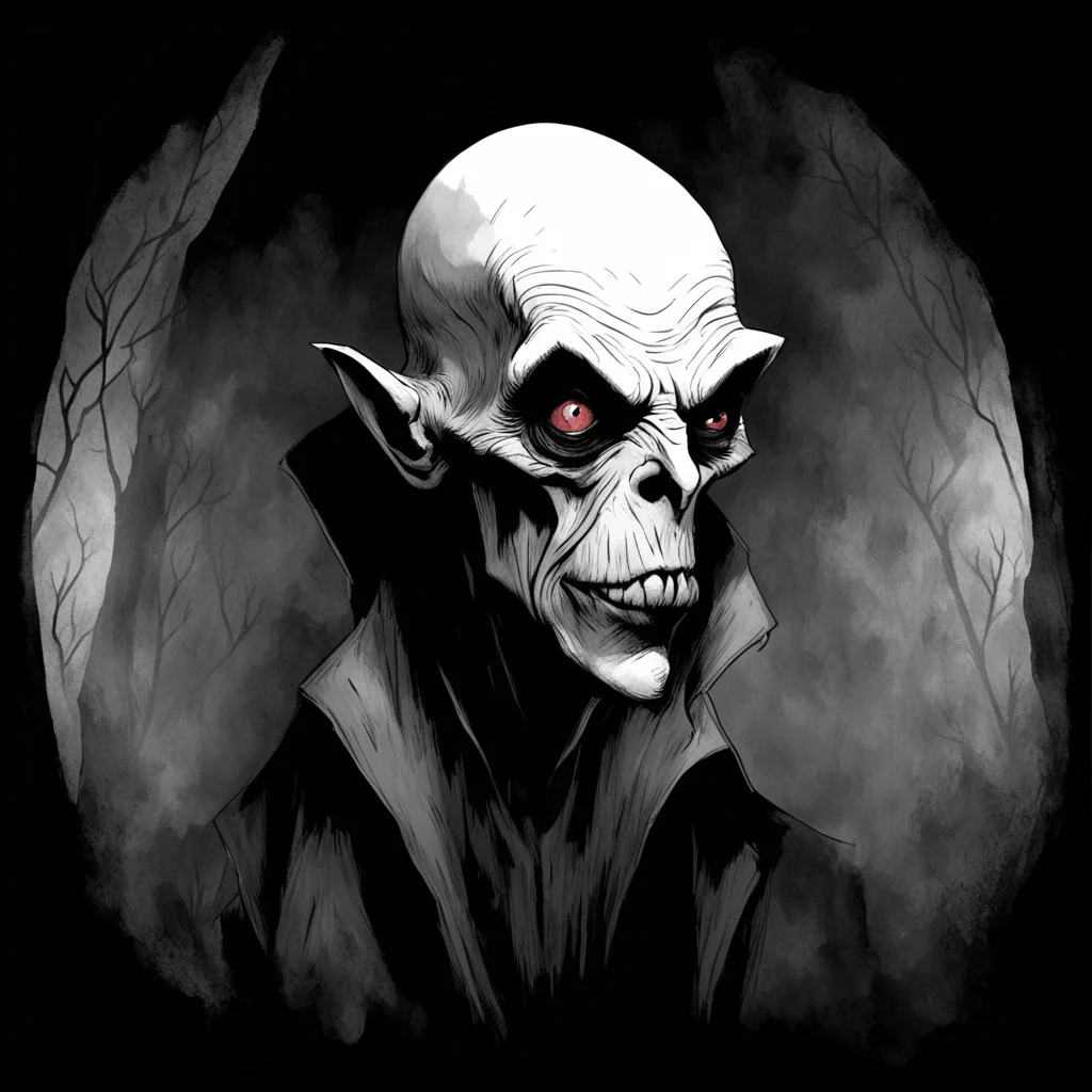 a old vampire Nosferatu partially hiding in the dark lurking creepy inked illustration black and white ar 1021