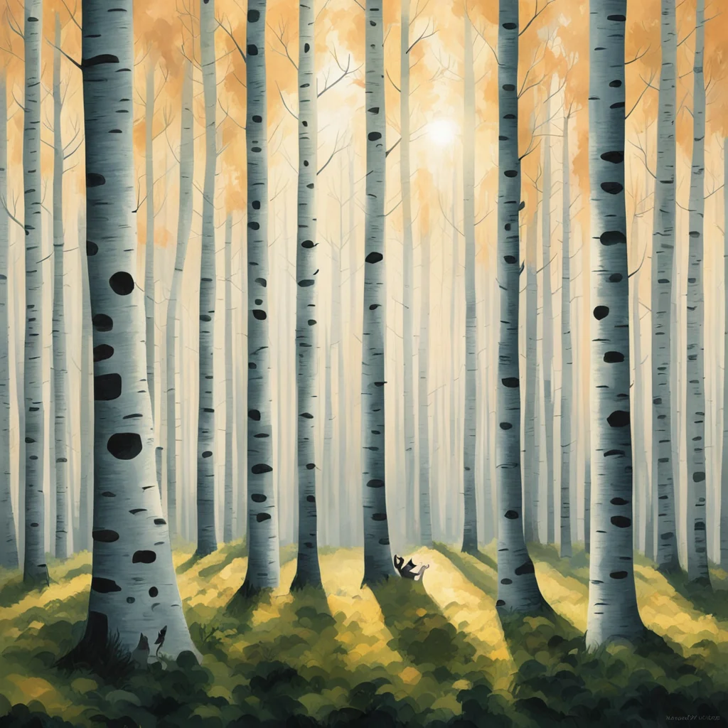 a painting of a birch forest made of tall tree cats sunrays ar 32