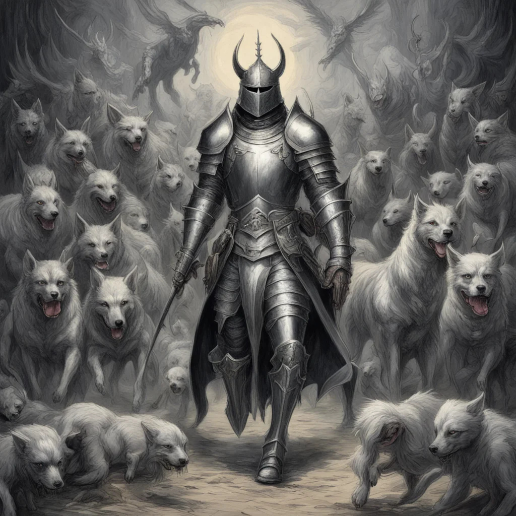 a painting of a silver knight walking through a pack of demon dogs by gustave doré and kentaro miura