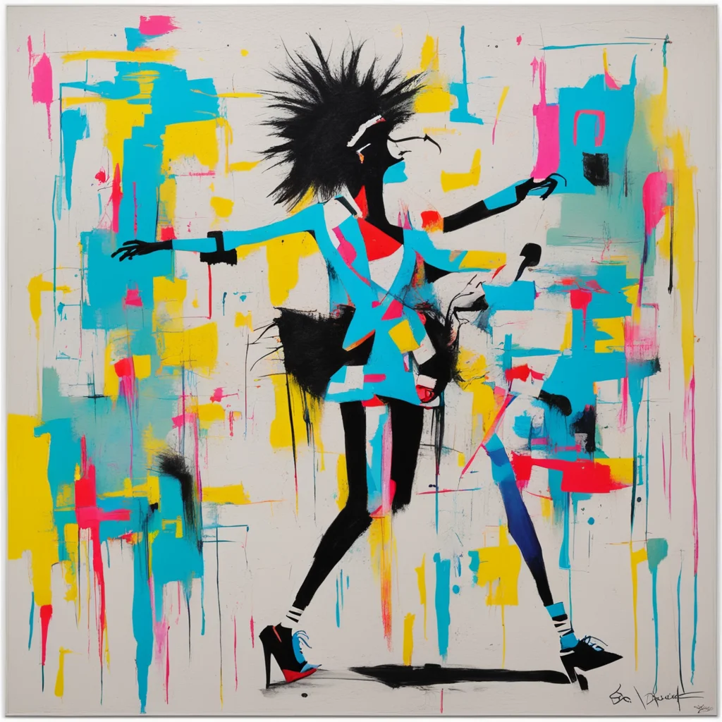 a painting of a woman dancing in the style of Basquiat