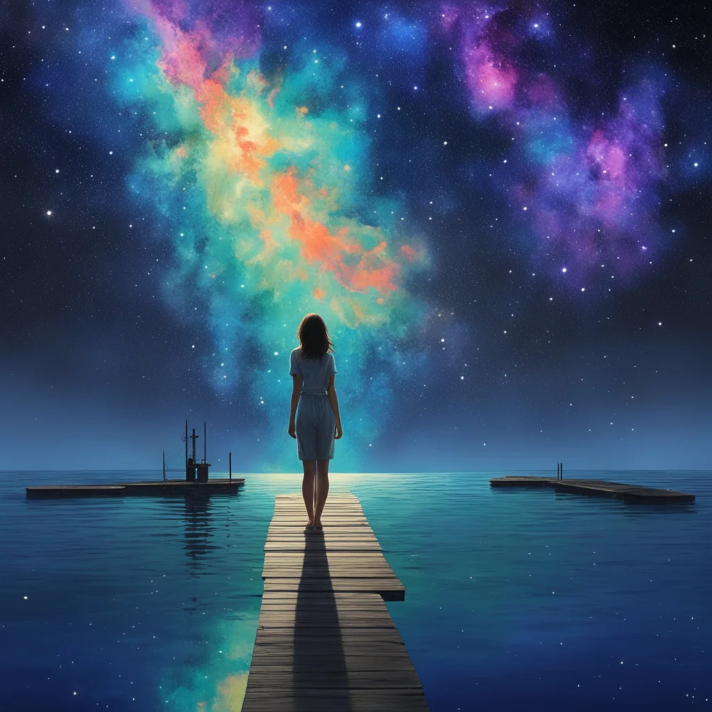 a painting of a woman standing at the end of a dock that streches out across the water  night sky is a brilliant nebula 