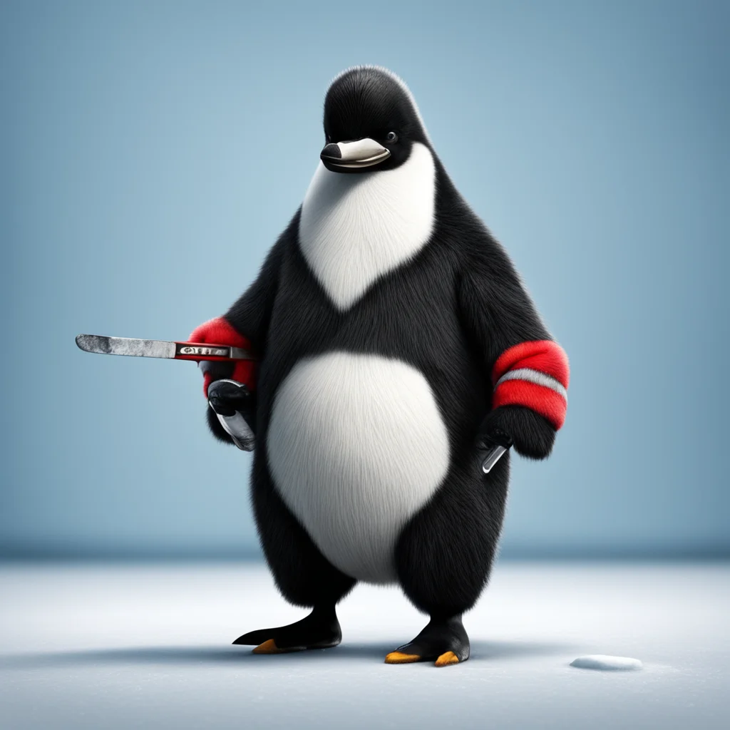 a penguin with a mustache playing ice hockey hyperrealistic