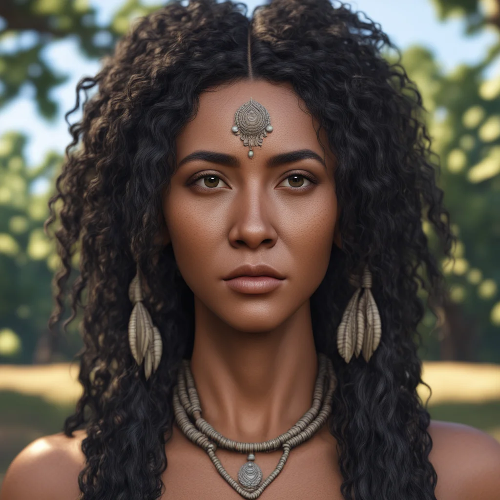 a perfectly symmetrical face of hyperrealistic Choctaw Native American woman  highly detailed long curly black hair oliv