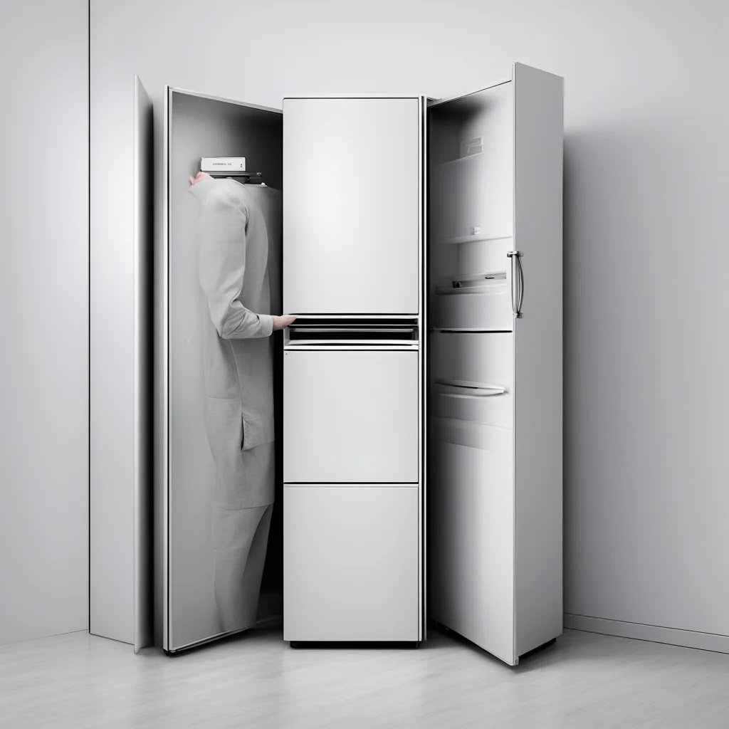 a person with alzheimer mistaking a fridge to a wardrobe data mosh effect