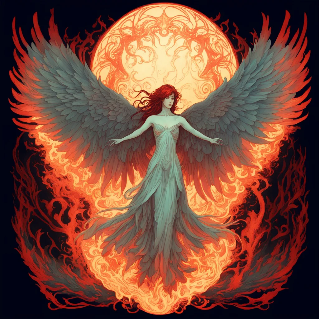 a phoenix spreading its wings with some ghost fire around 2D style horror dark  by Alfons Maria Mucha  le style Mucha  —
