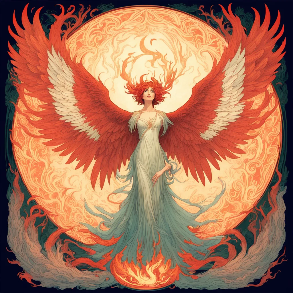 a phoenix spreading its wings with some ghost fire around 2D styleby Alfons Maria Mucha —ar 916