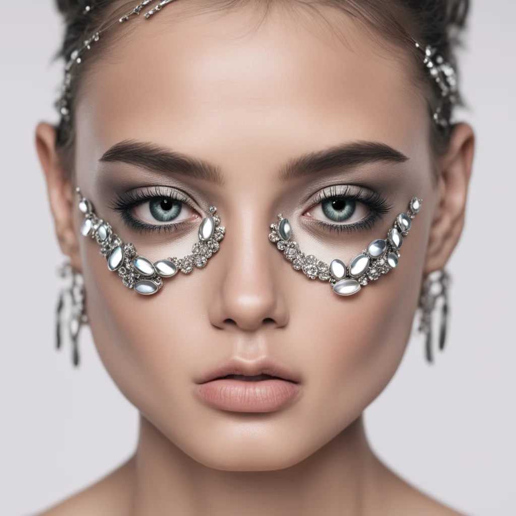 a photo of a fashion model face with sharp silver metal jewelry around their eyes and cheeks —ar 916