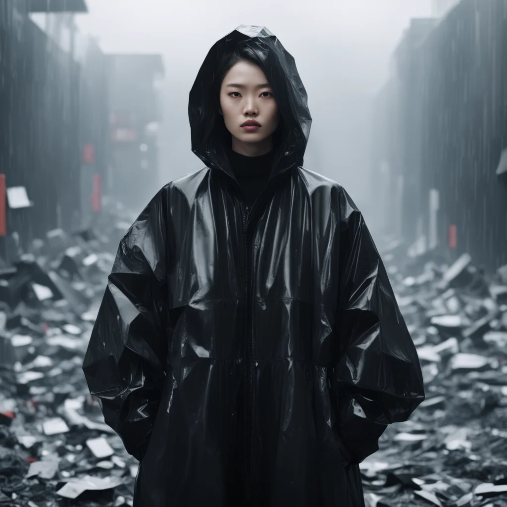 a photo of a pale Asian fashion model standing in garbage wearing a black balenciaga rain coat dark and foggy 4K 3D reds