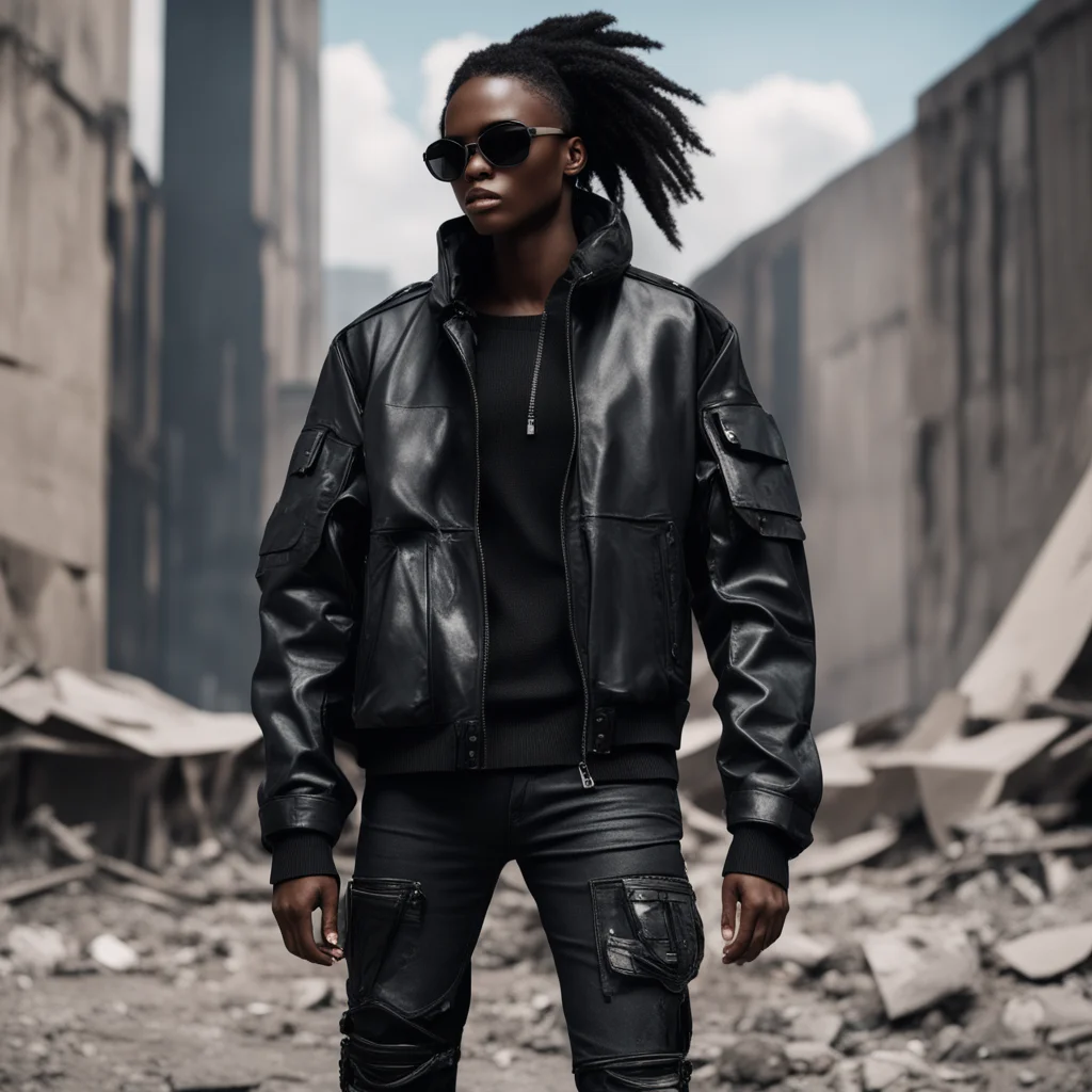 a photo of black fashion model wearing black post modern balenciaga jacket standing in a post apocalyptic environment sh