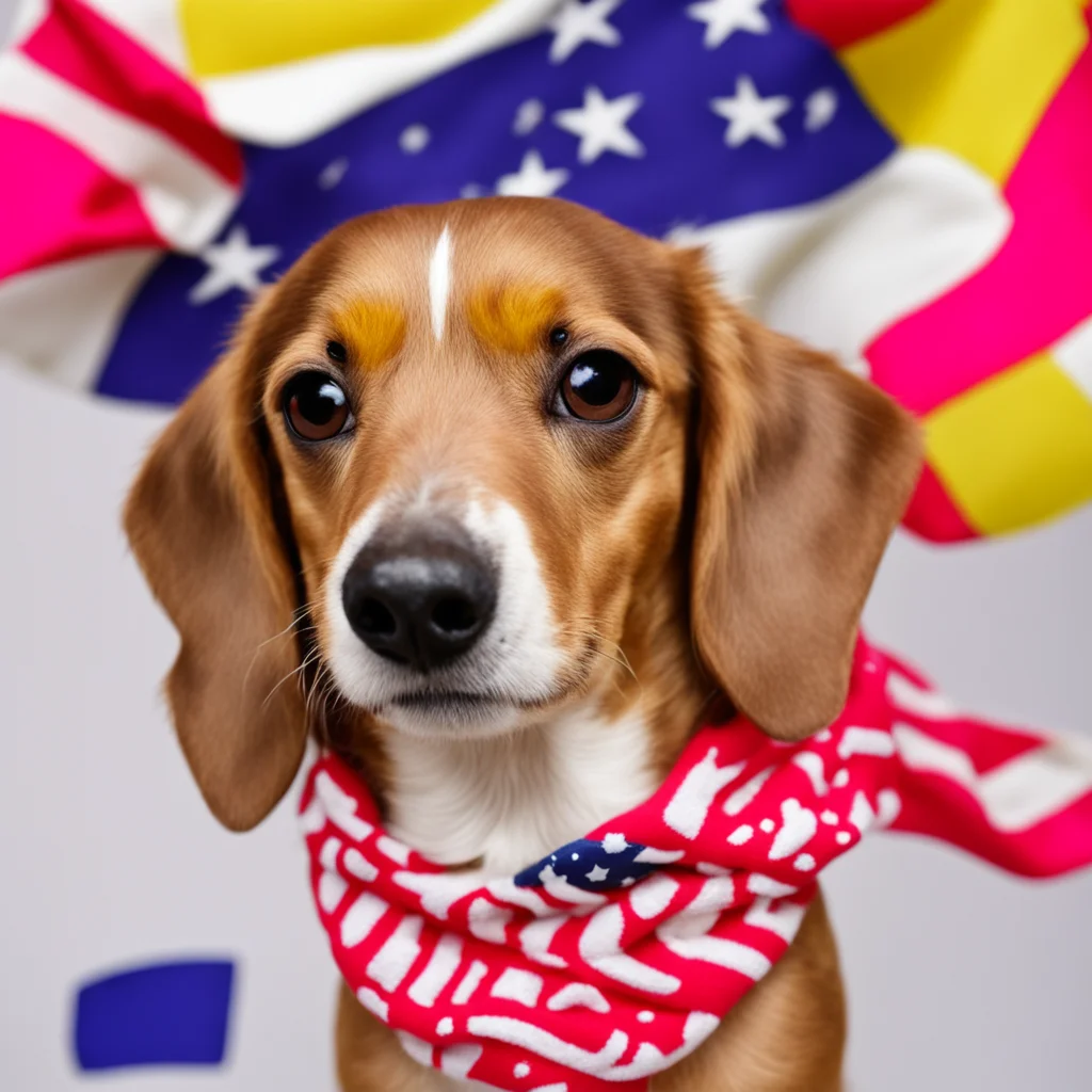a photograph of a beige dachshund in a hot dog bun with mustard and ketchup and an American flag bandana