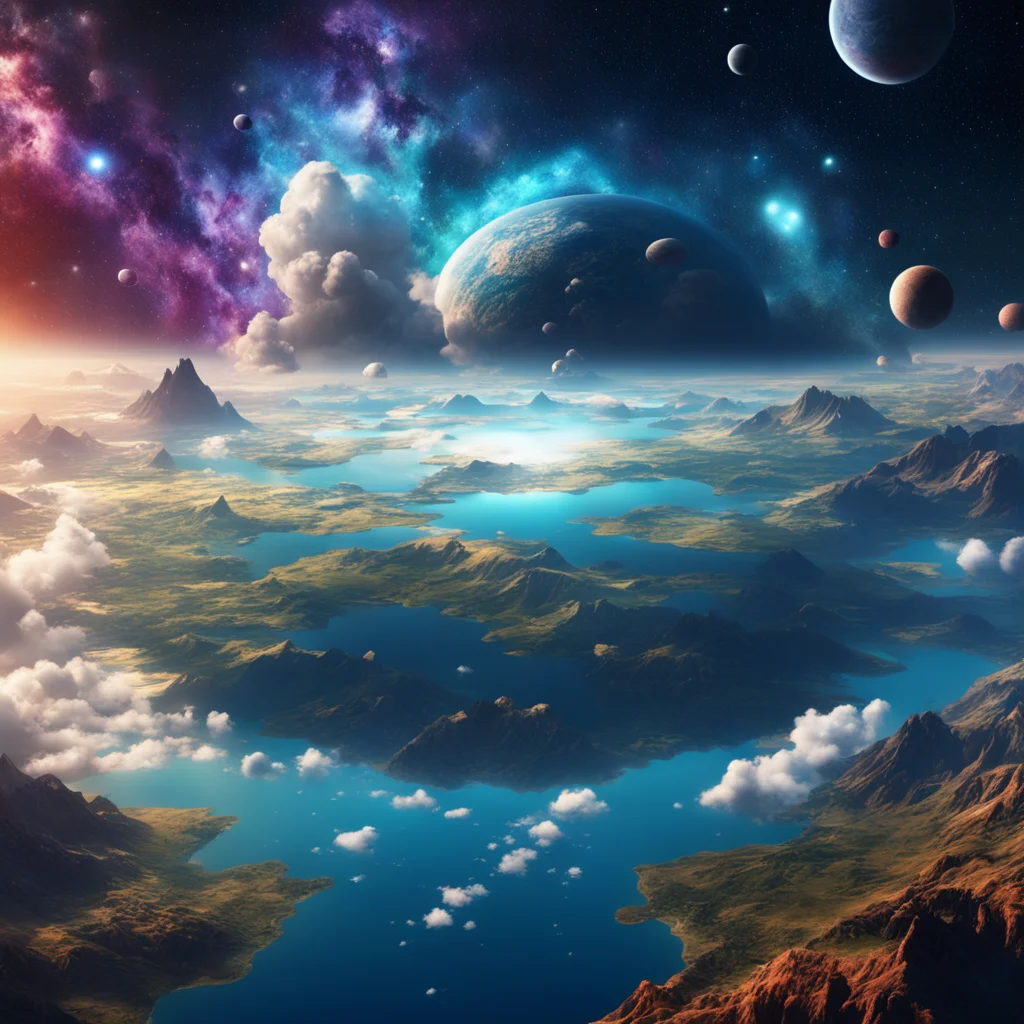 a photorealistic hyper detailed fantasy world of a a cloud in the universe with lakes and mountains and planets anda lar