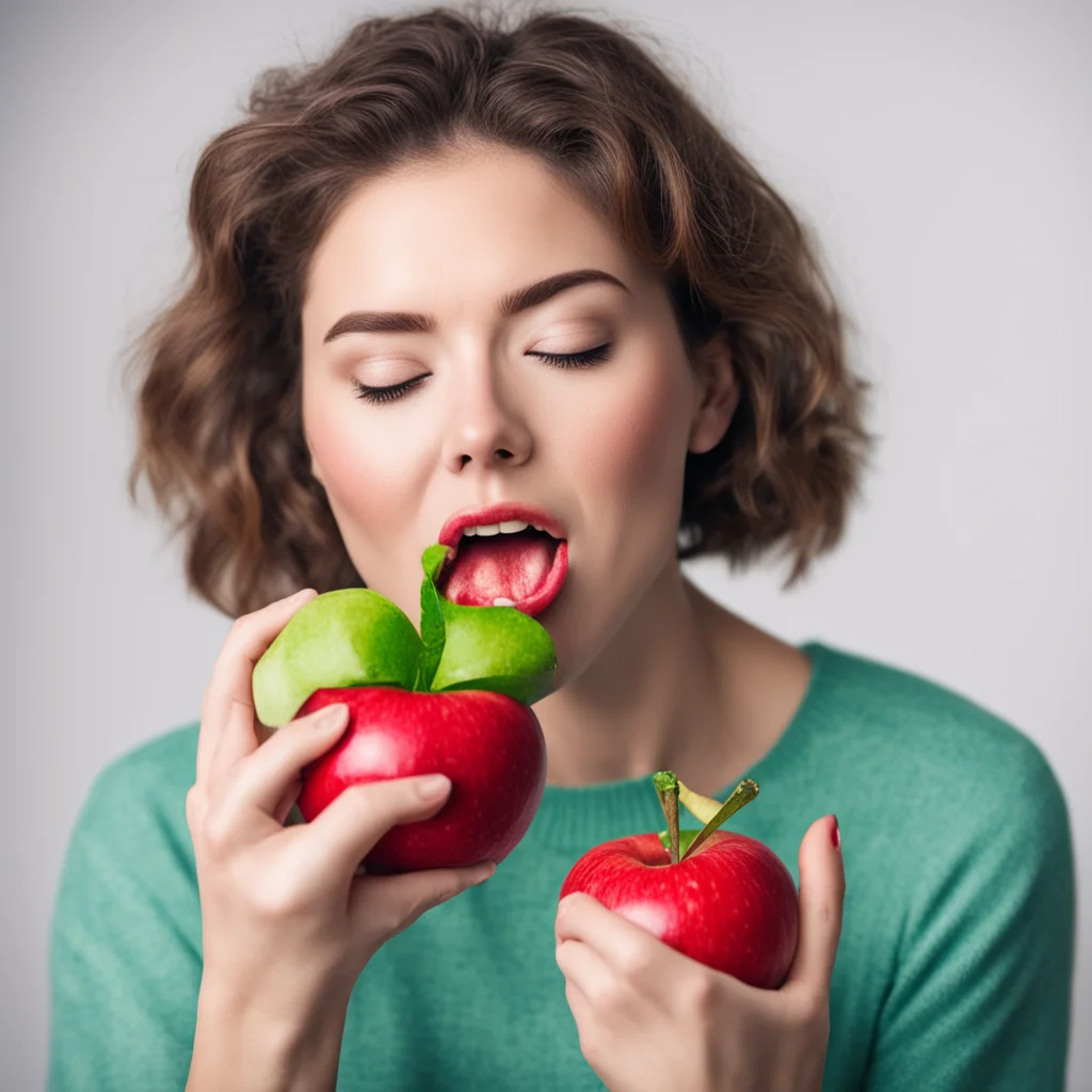 a picture of a woman eating an apple in the style of adobe stock