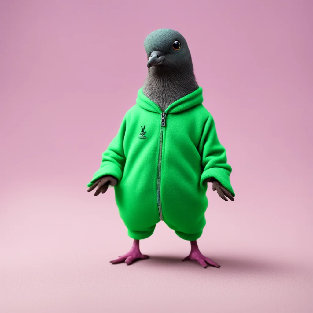 a pigeon wearing a tracksuit in a stop motion movie