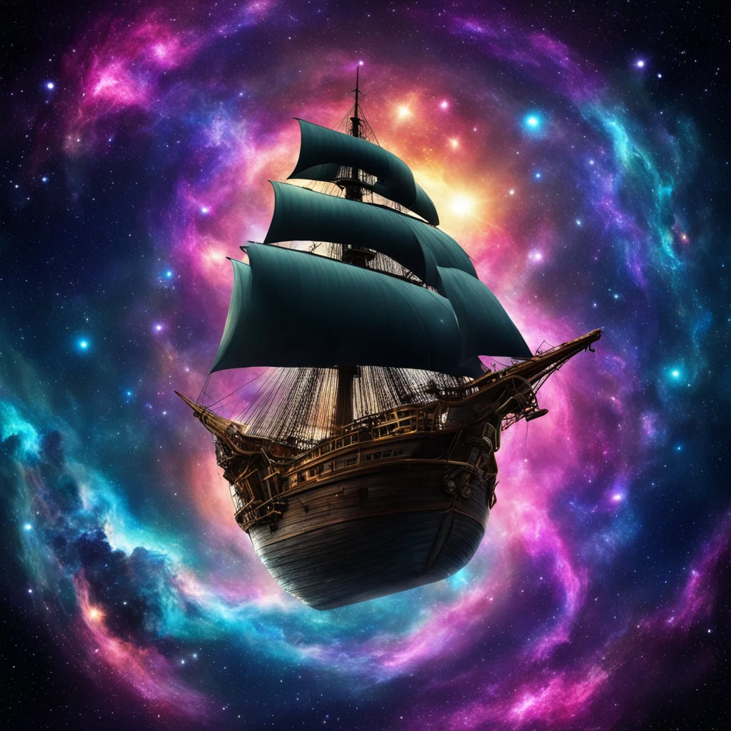 a pirate ship sailing through a cosmic vortex