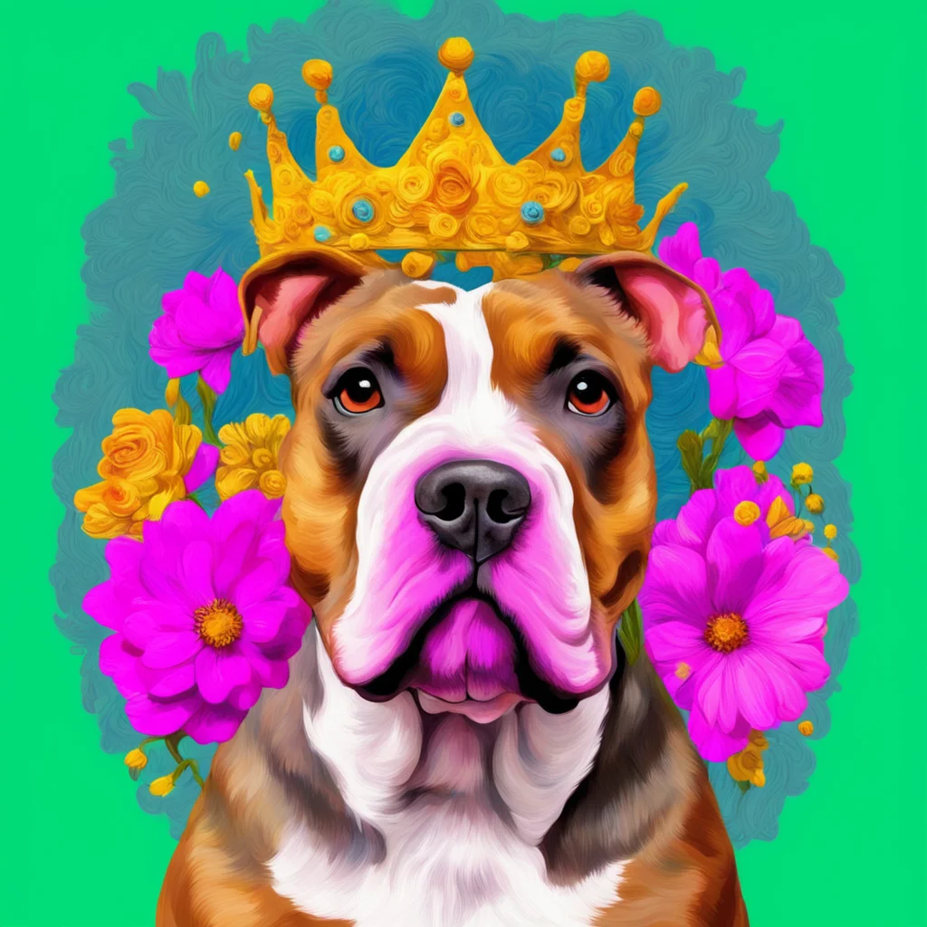 a pitbull wearing a crown made of flowers van gogh style