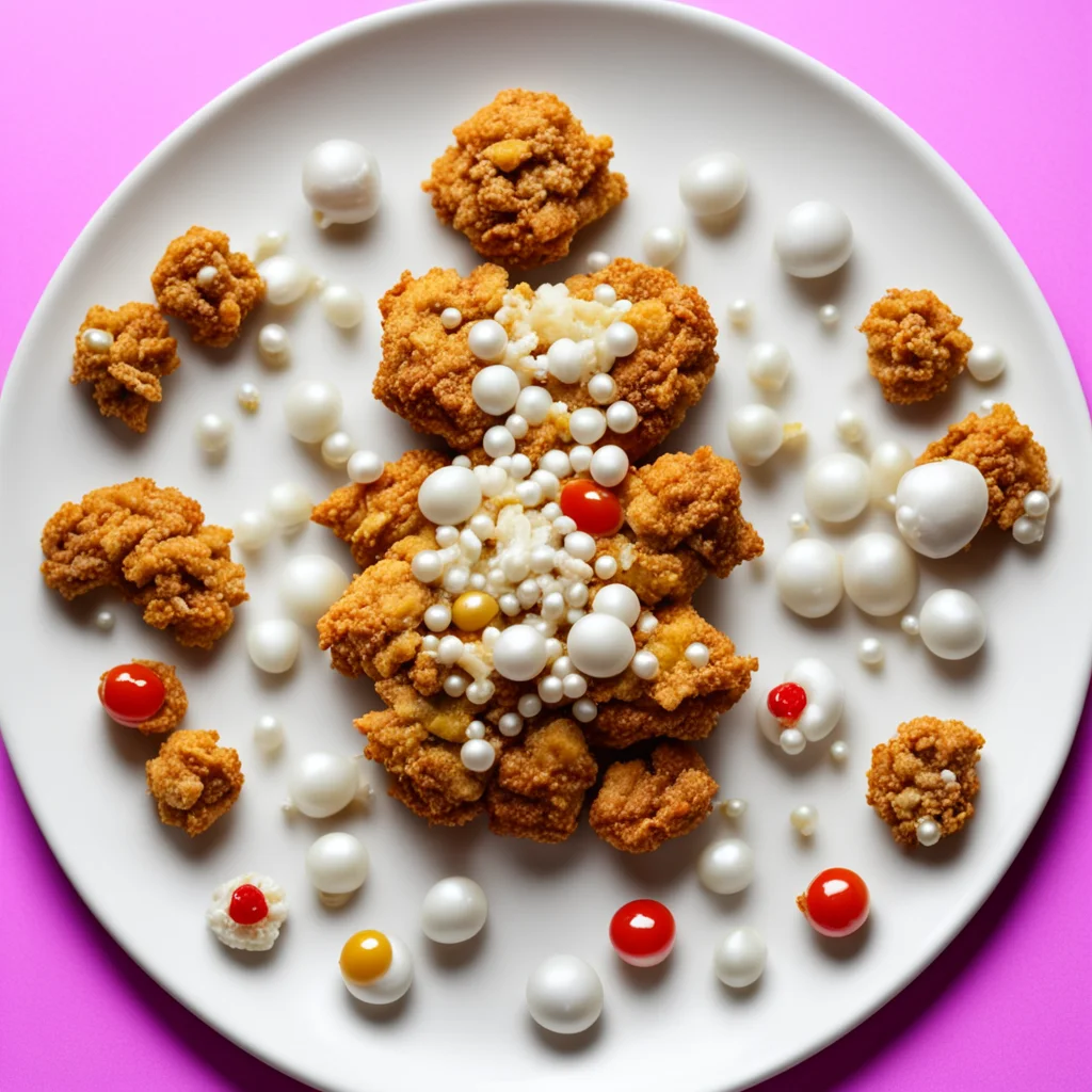 a plate full of doll parts and fried chicken topped with pearls and diamonds