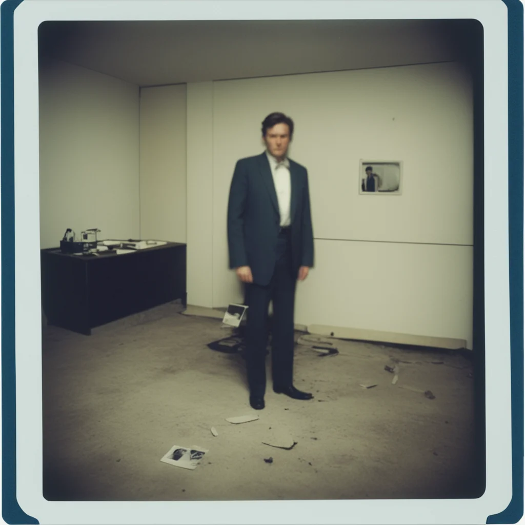 a polaroid photograph of an SCP crime incident scene 1989 an agent is standing in frame holding an artefact