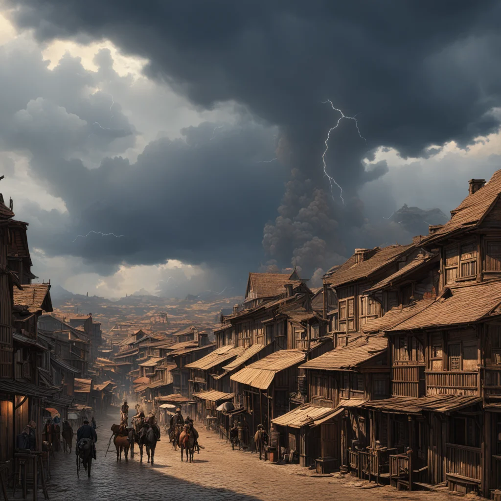 a populated western town with stormy clouds lightning in the sky  dramatic epic lighting cinema cinematic HD Octane Rend