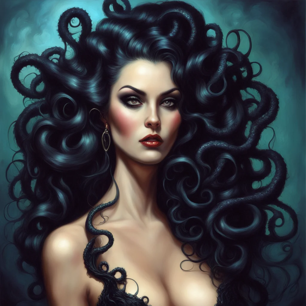 a portrait of a beautiful sultry gothic lady with tentacles for her hair in the art style of Boris Vallejo lovecraftian 