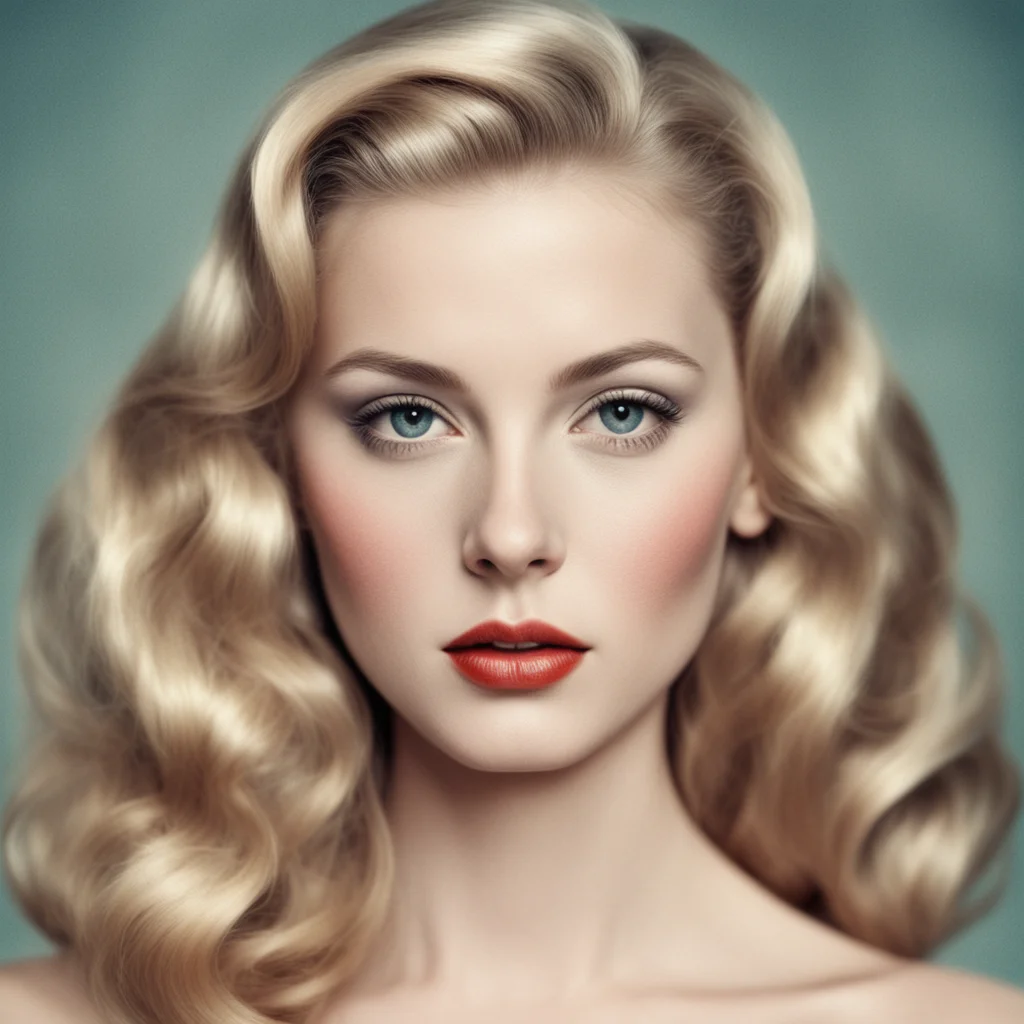 a portrait of a beautiful woman airbrushed 1950s youthful long blonde hair elegant cute slim face vintage  symmetrical f