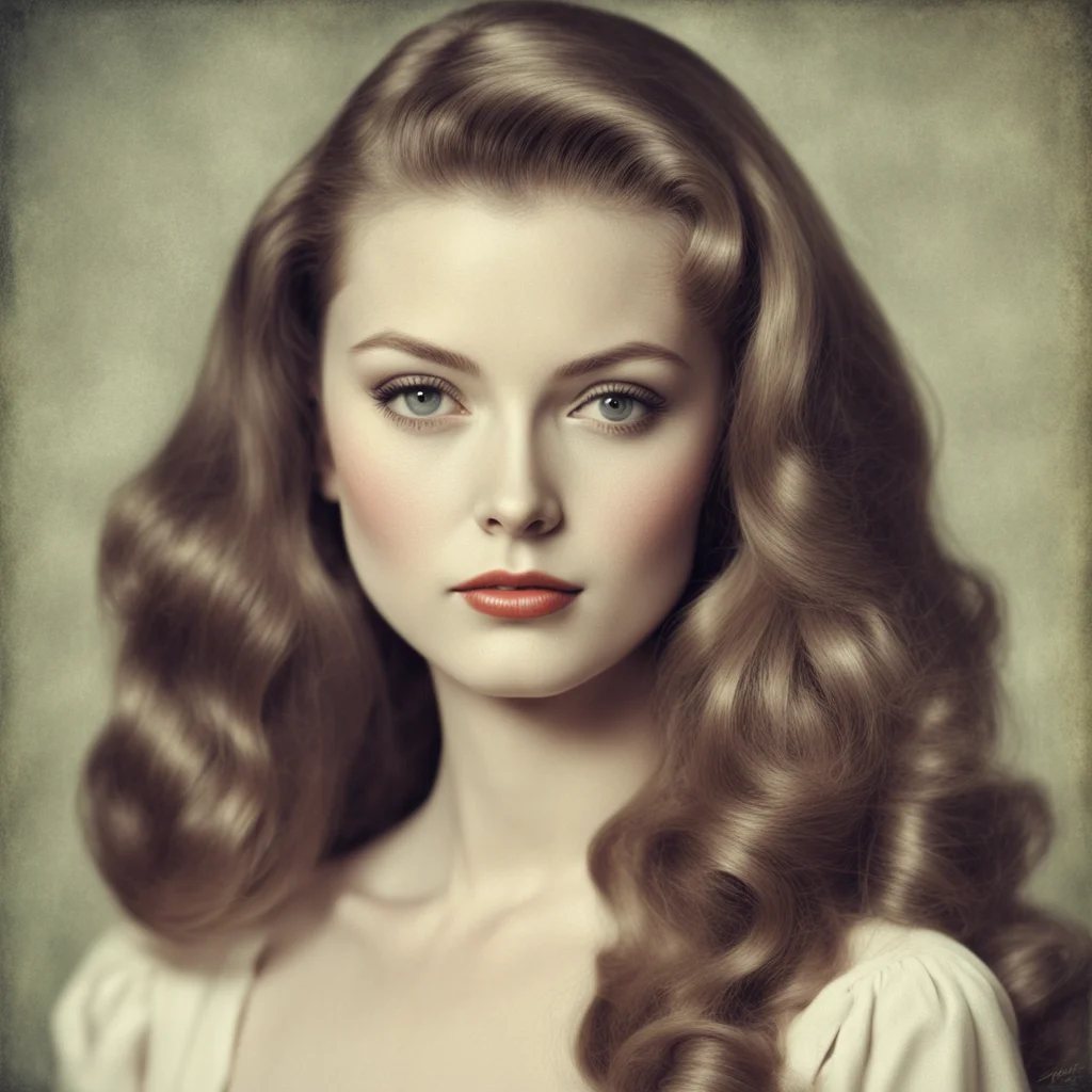 a portrait of a beautiful woman airbrushed 1950s youthful long hair elegant cute slim face vintage  symmetrical face sym