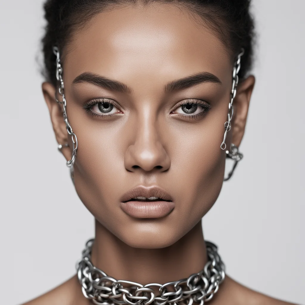 a portrait of a fashion model with sharp silver metal jewelry on their face chain detail —ar 916