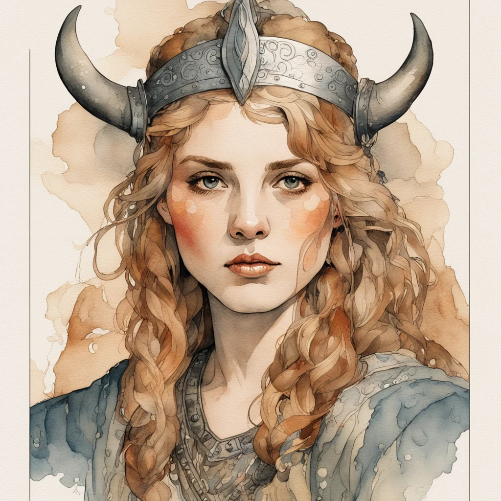 a portrait of a female viking free watercolor drops on canvas ink outlines by Alfons Mucha —ar 23