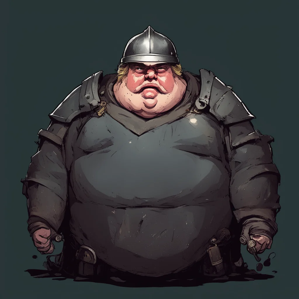a portrait of a morbidly obese pouting Donald Trump stuffed into a breastplate and helmet waving their little hands in t
