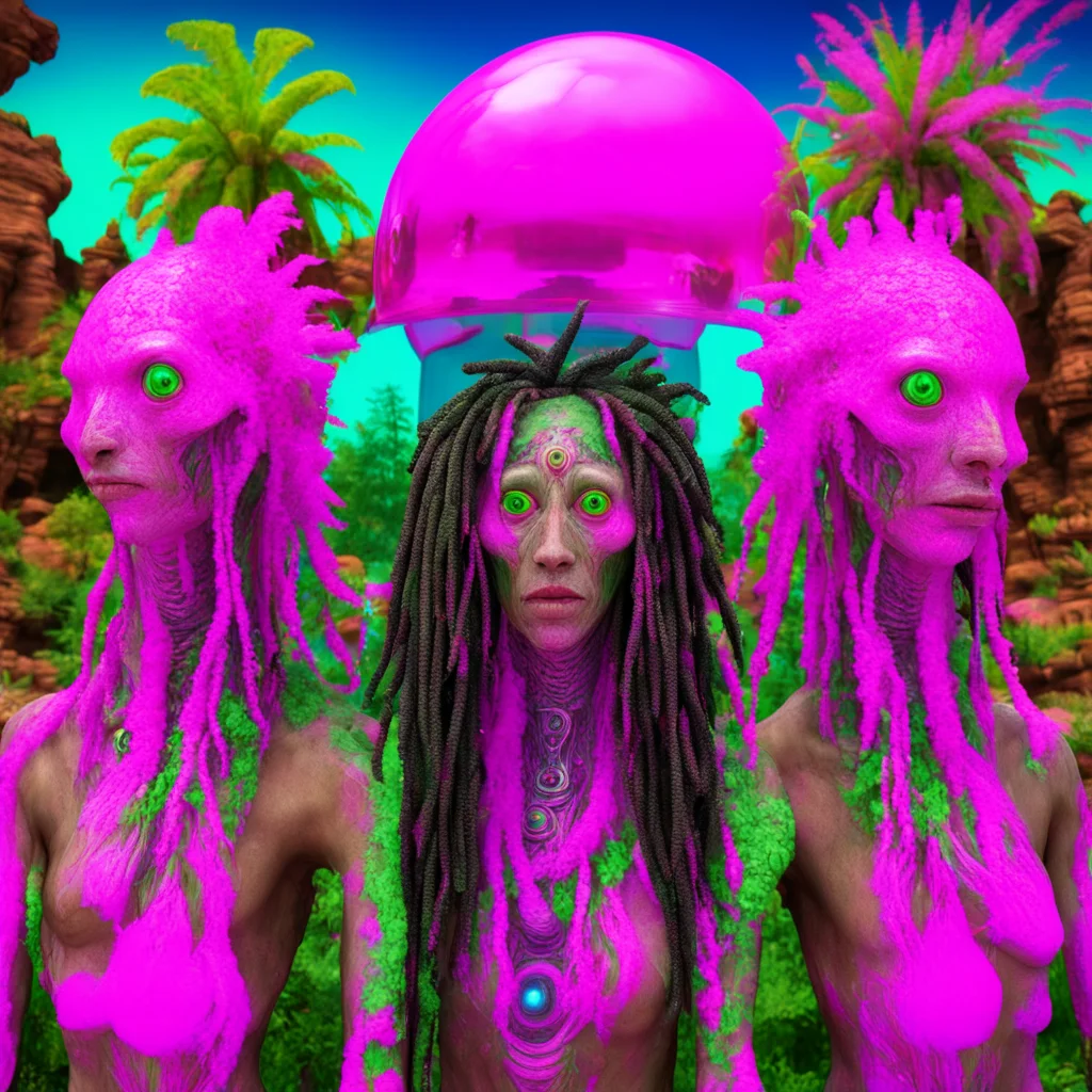 a portrait of loving secret alien triplets with neon pink goldfish eyes exoskeletons in full bloom marijuana dreadlocks 