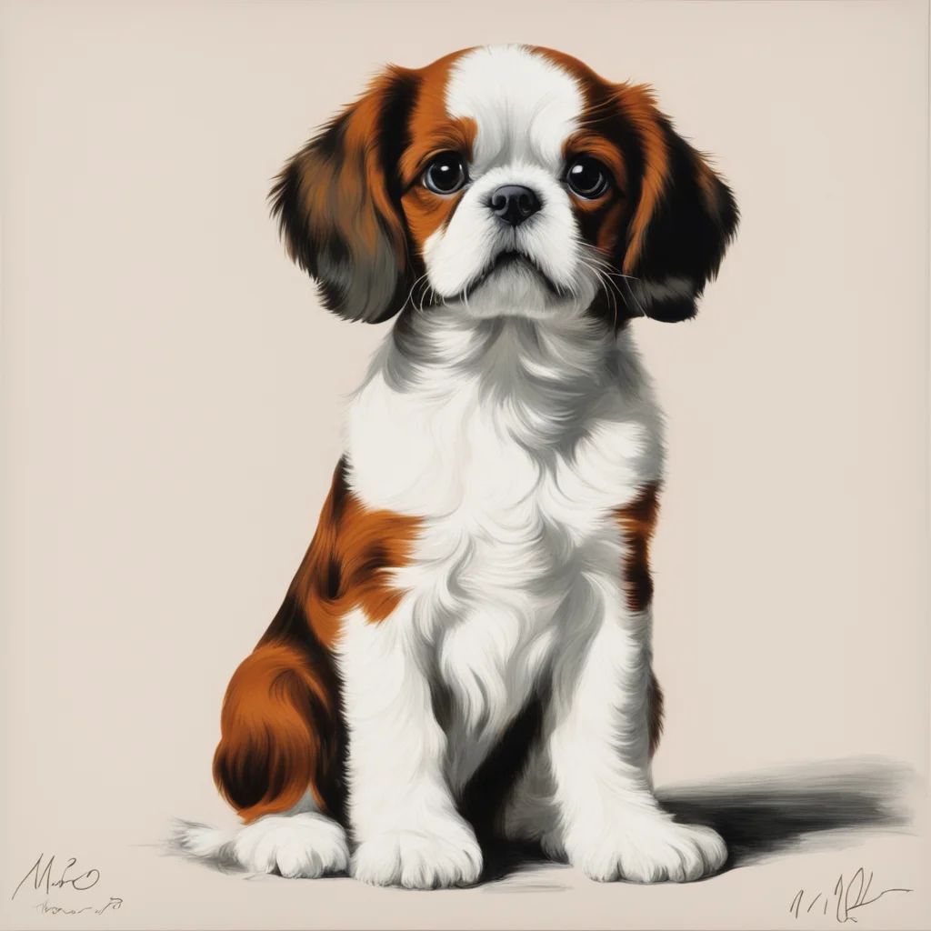 a print of a brown and white cavalier king Charles puppy by Miro