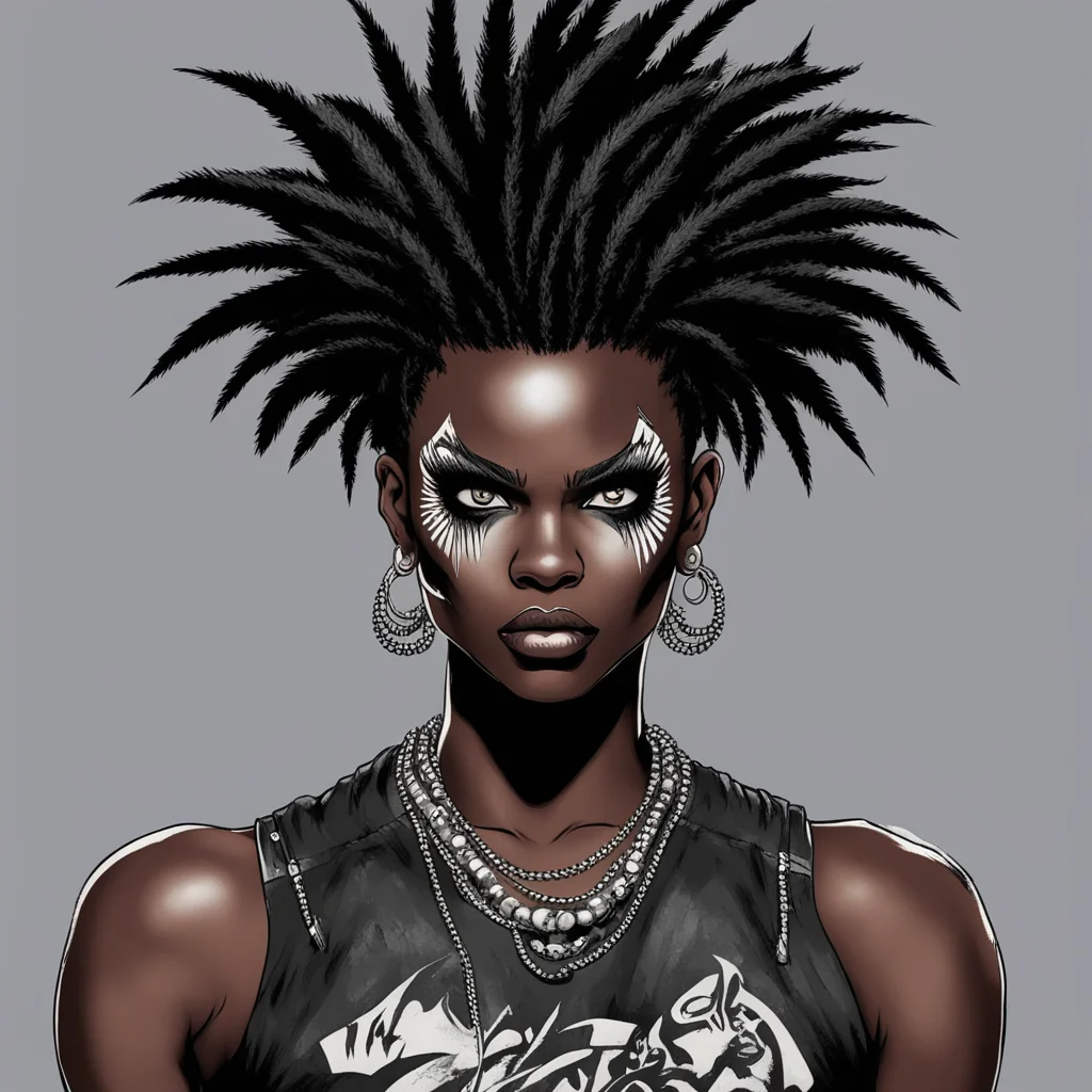 a pro wrestler twenty year old dark skinned female punk rocker with spiked hair and pretty eyes with a menacing face in 