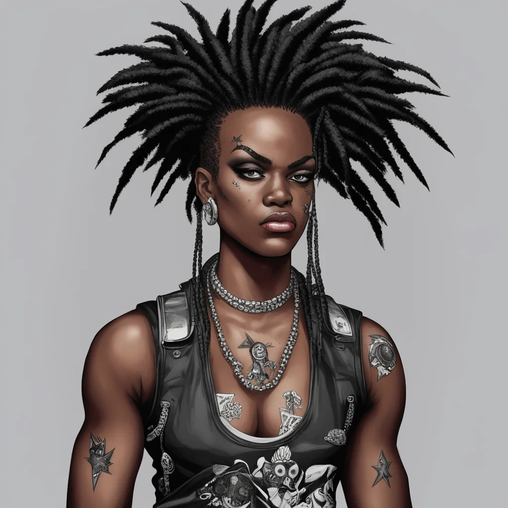 a pro wrestler twenty year old dark skinned female punk rocker with spiked hair in the style of a 1980’s punk rock graph