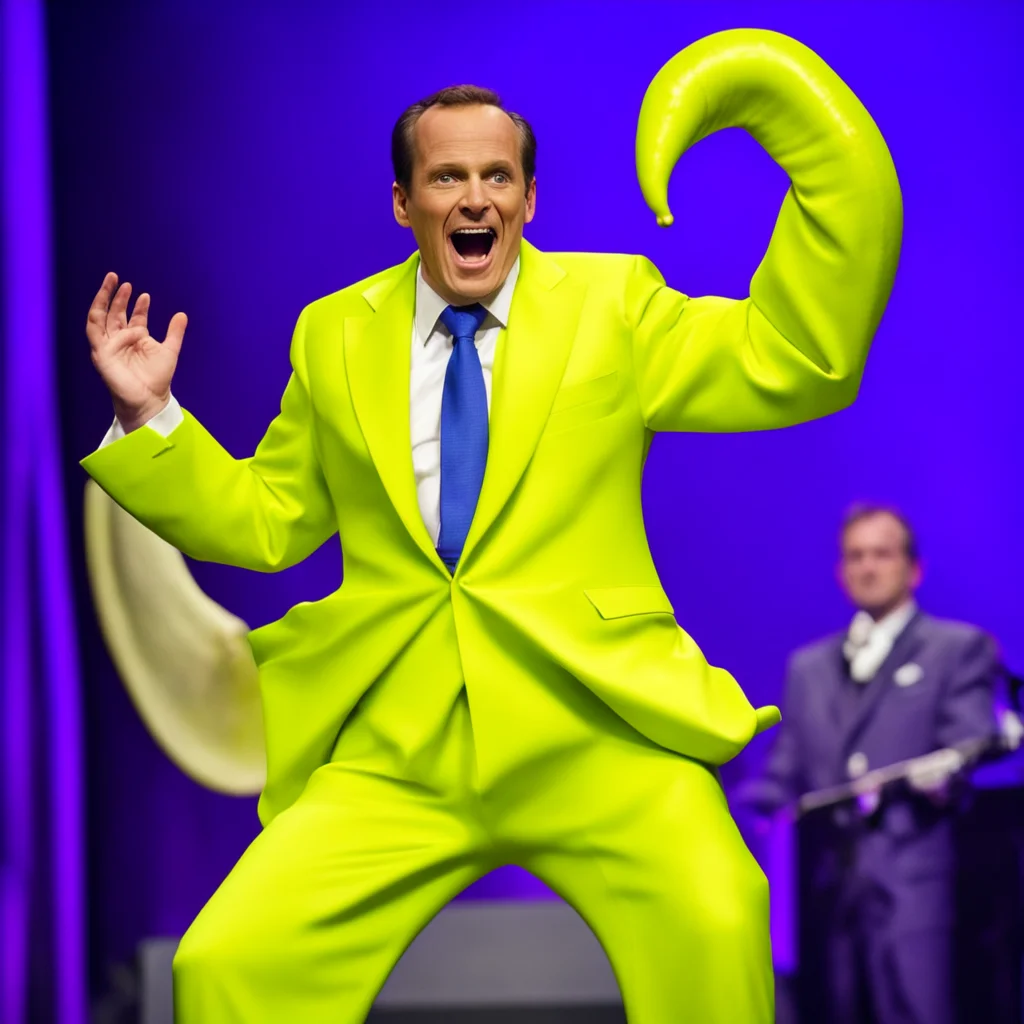 a professional shot of Gob Bluth demonstrating his flair in the middle of an illusion on stage with a banana suit