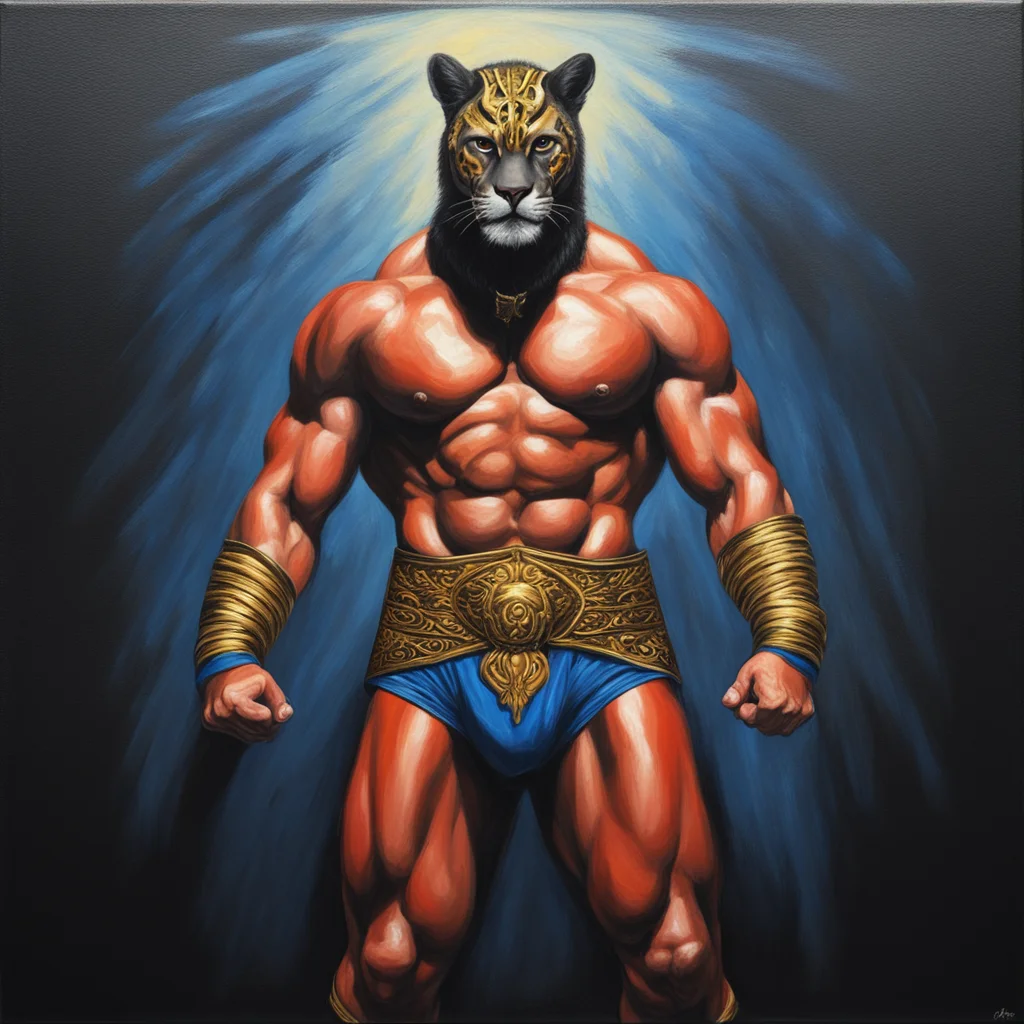 a professional wrestler standing akimbo under a spotlight wearing a costume inspired by greek warriors and panthers  sym