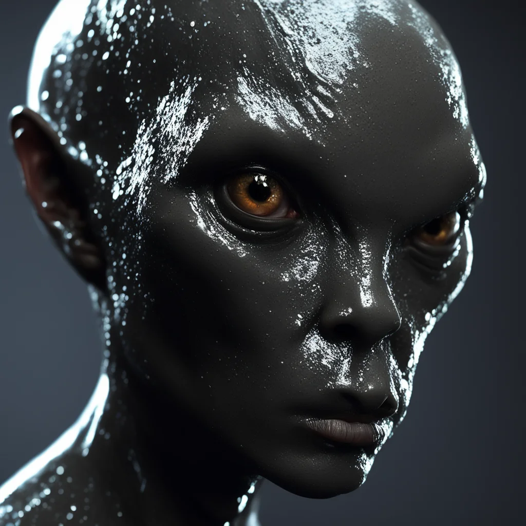 a profile picture of an aliens face with wet black leathery skin sharp features no hair volumetric lighting large black 