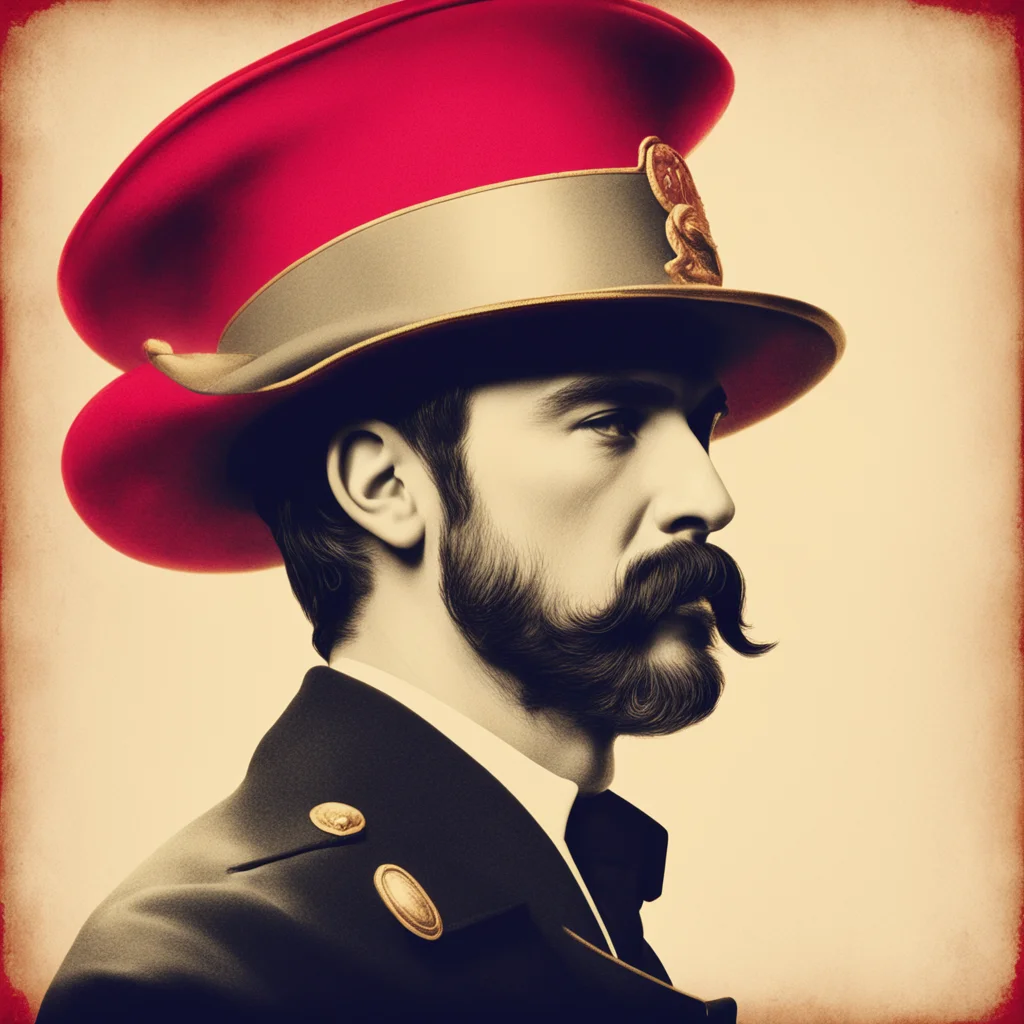 a propaganda poster of the side profile of a man wearing a sea captains hat and a mustache red and gold duotone colors a