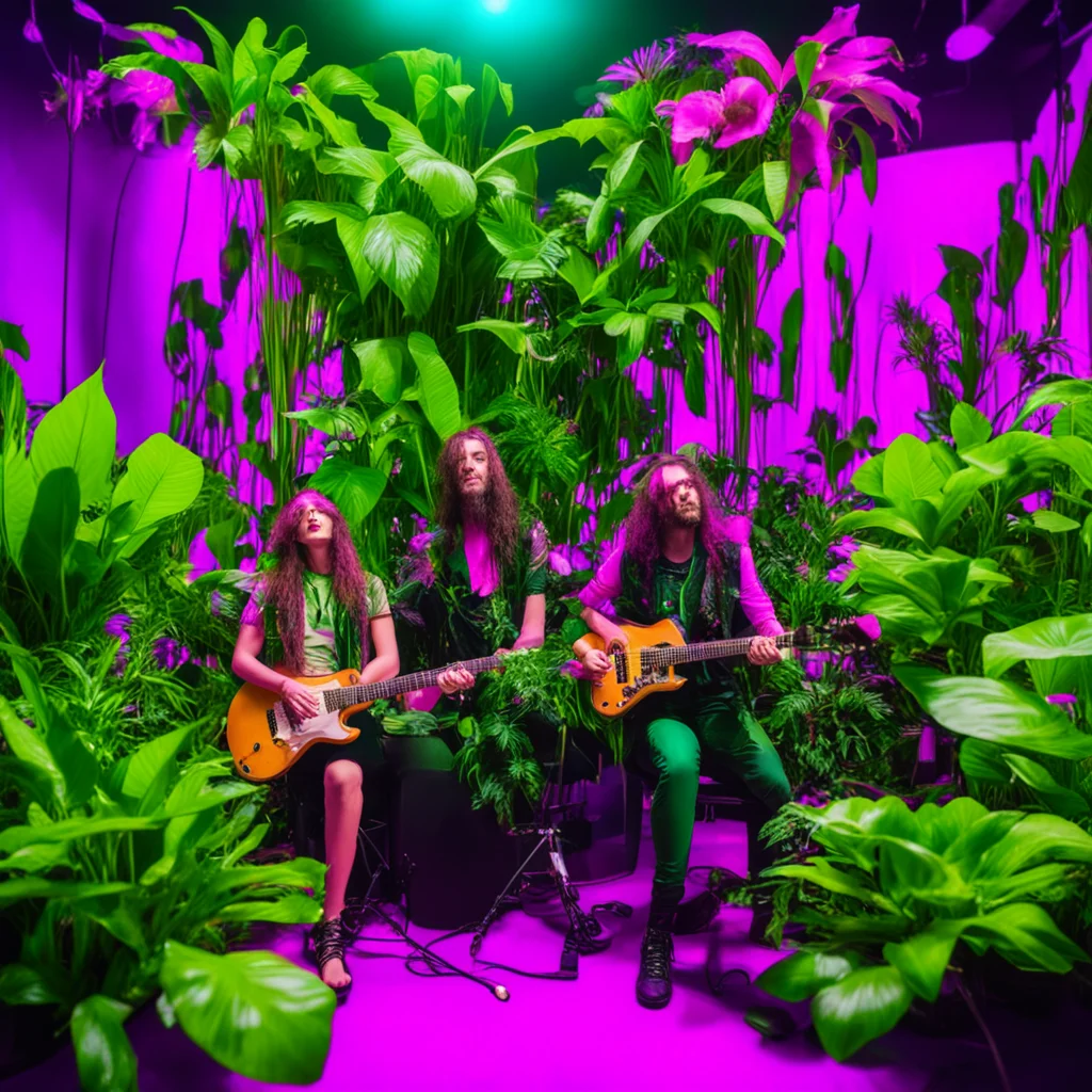 a psychedelic rock band performing on stage surrounded by living plants female synth player
