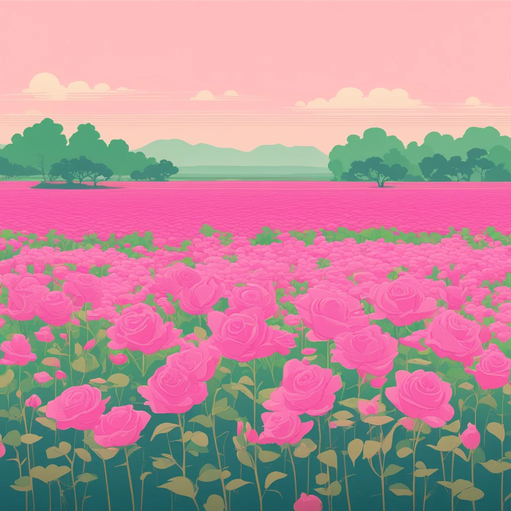 a quiet morning the rose flower field in the style of James Gilleard and Brian Edward Japanese block print muted color —