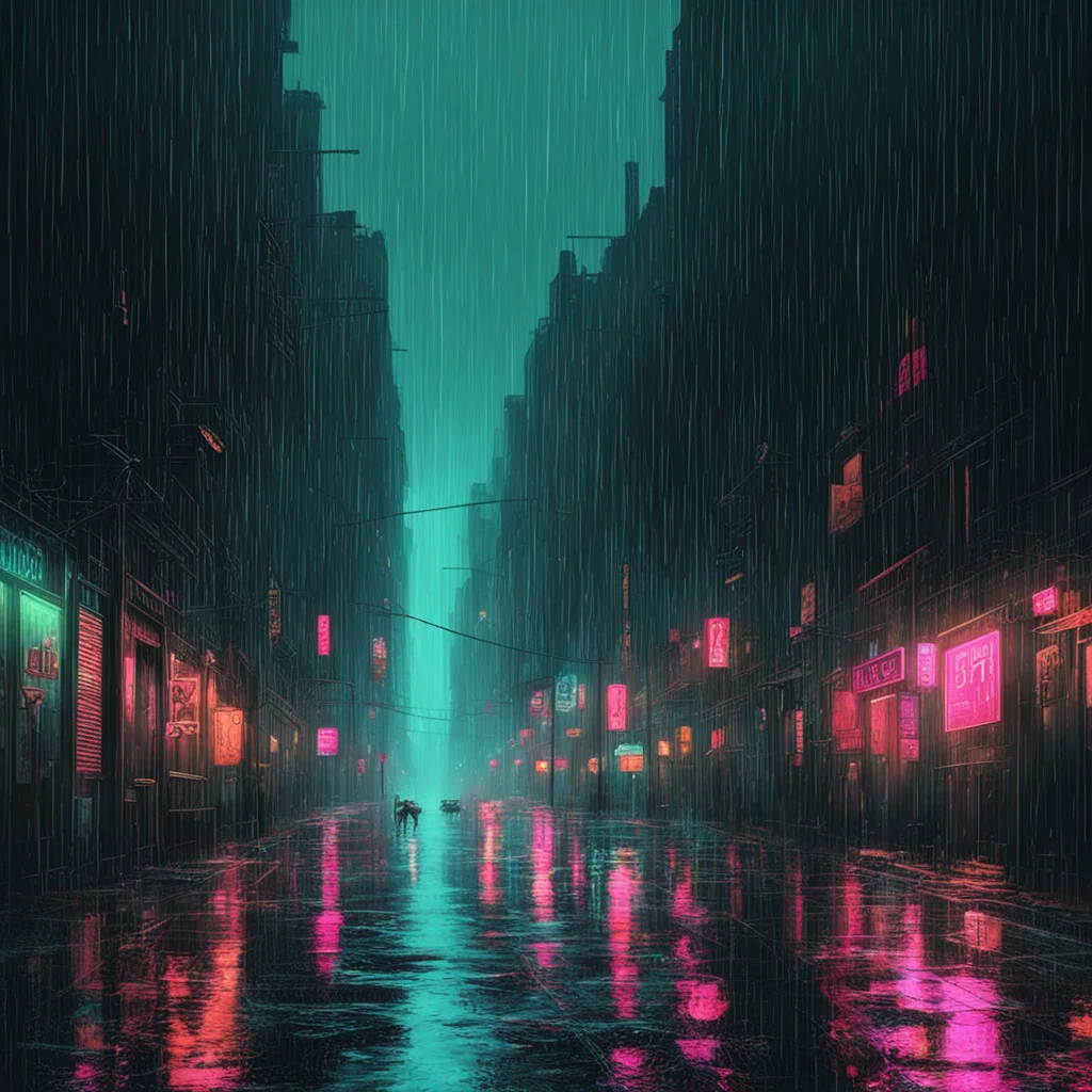a rainy city street at night in the style of cyberpunk noir by beksinski aspect 169