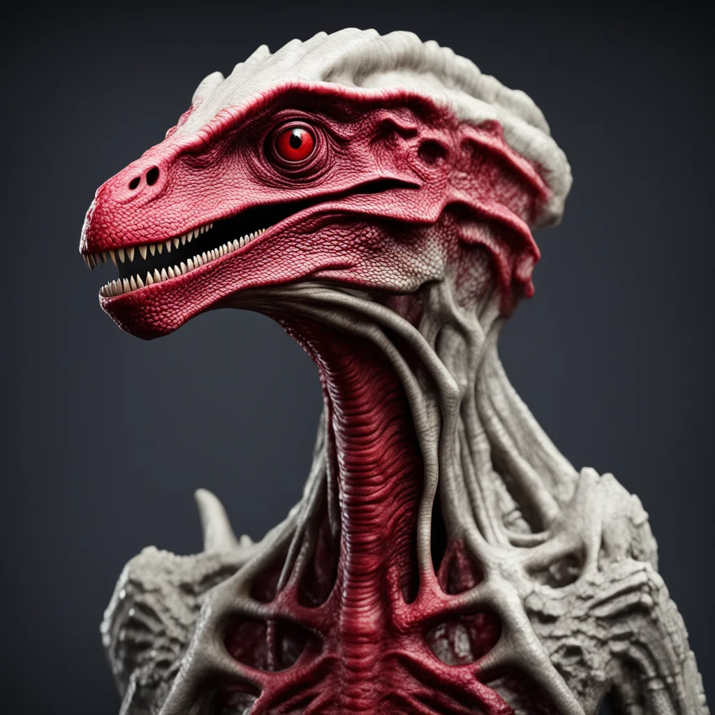 a raptor dinosaur with white skin and red extremities in the style of Ridley’s Scott’s alien and promethius giger