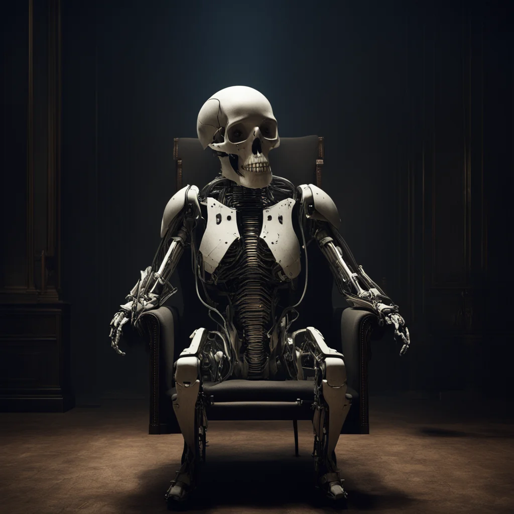 a robotic gothic suit of armor with a mycelium human skull for a head sitting in a chair in a dark room with a light ema
