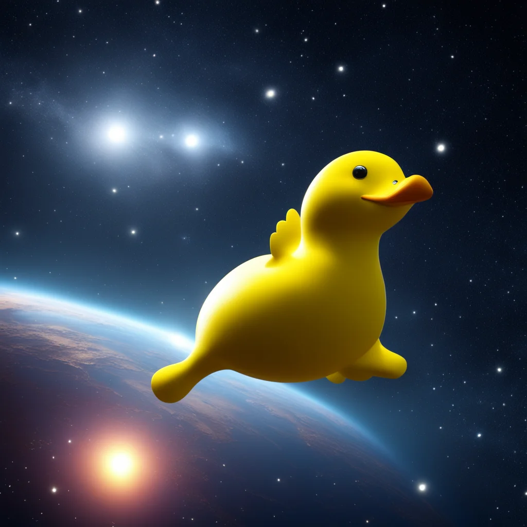 a rubberduck flying through the universe CGI hyperrealistic stars space atmospheric 8k