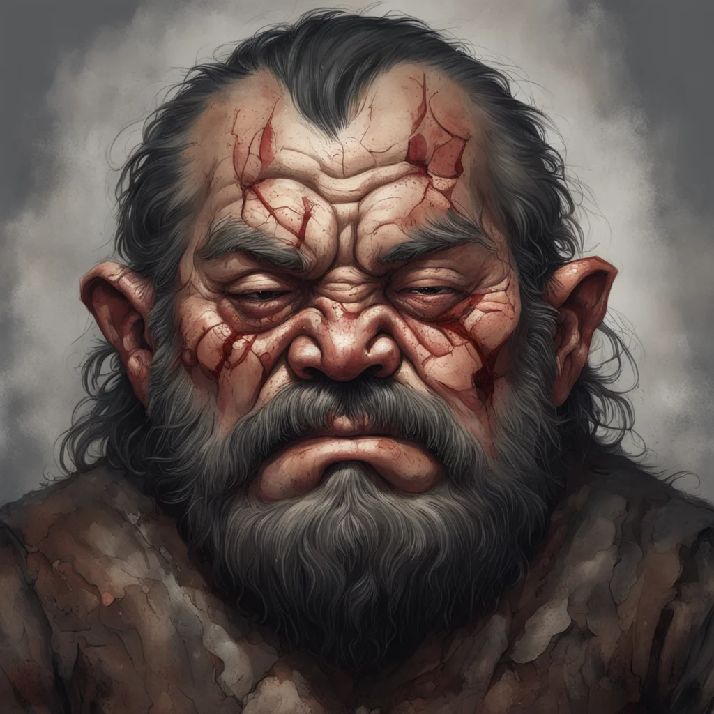 a sad portrait of a wounded dwarf with scarred cheeks and closed eyes scars on face art by Victor Adame Minguez