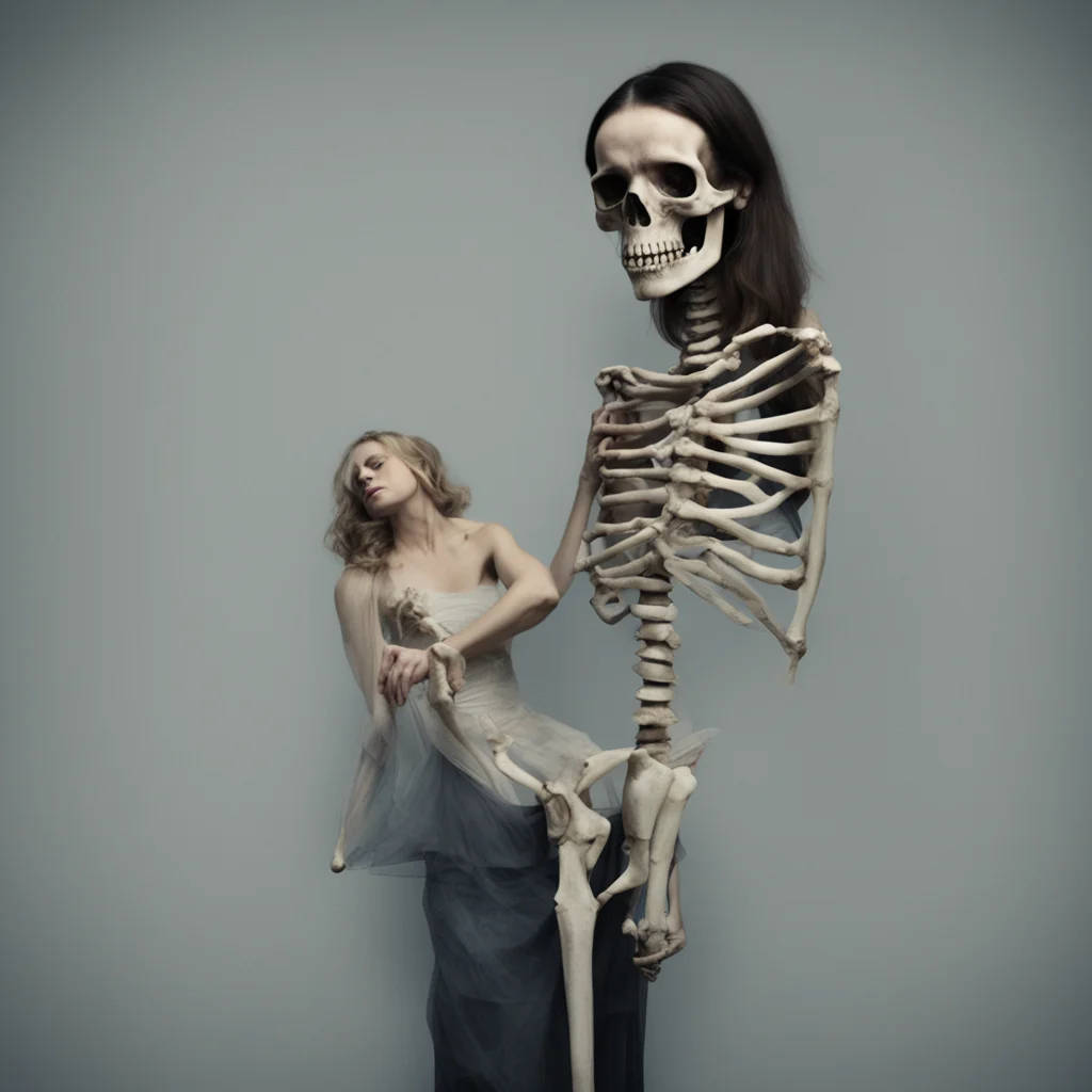 a sad woman holding a long skeleton w 1080 h 720