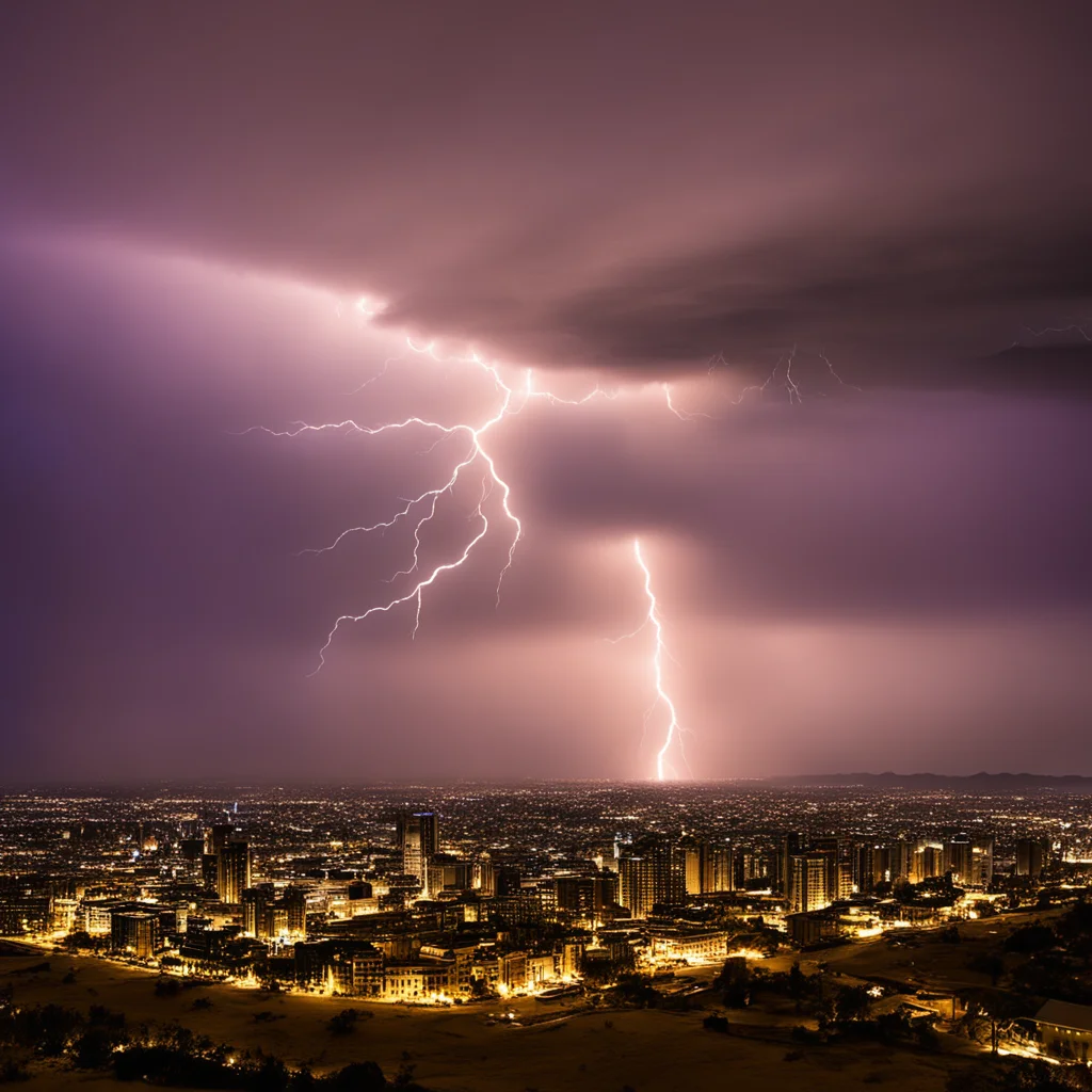 a sandstorm at night with lightening over a city landscape