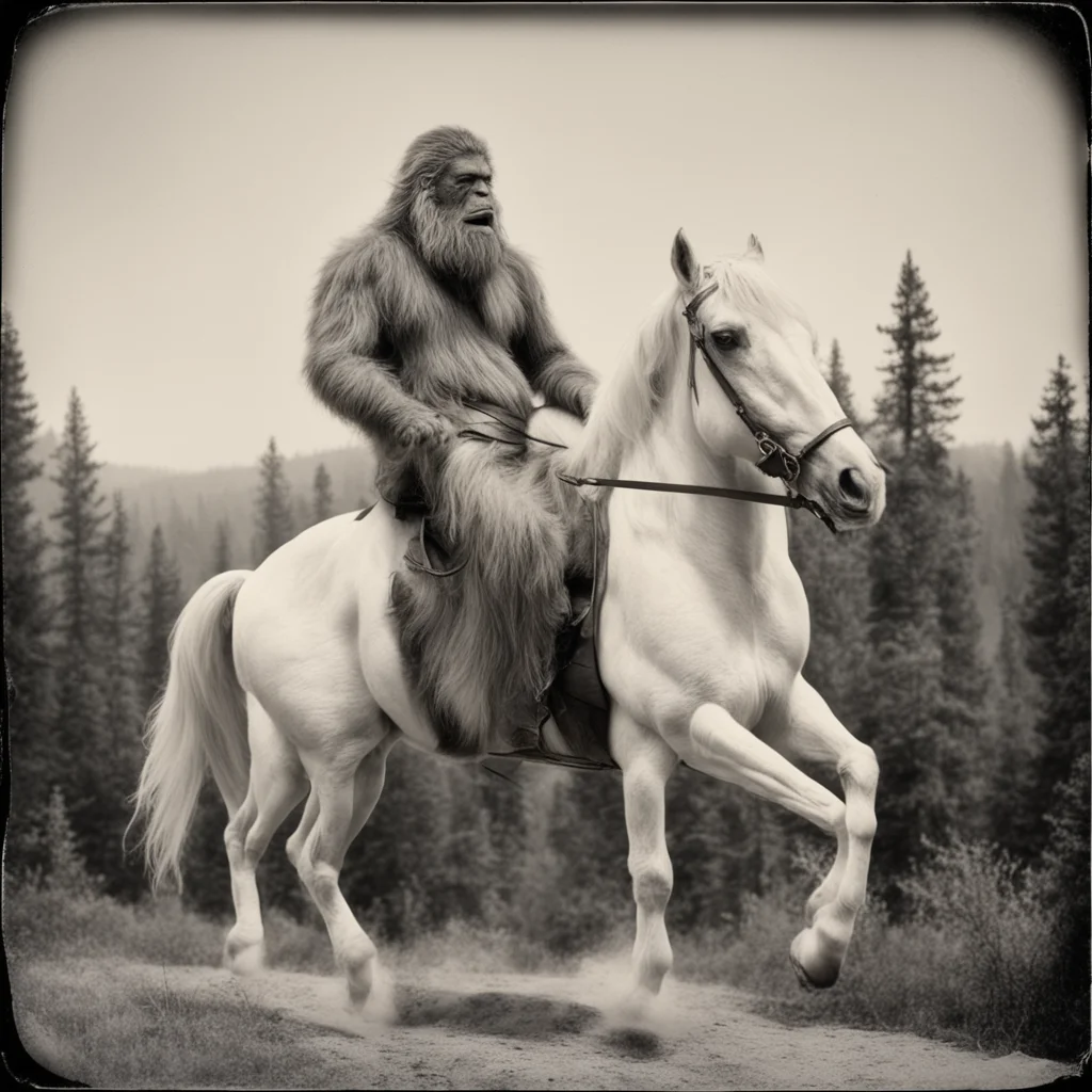 a sasquatch riding a white horse realistic Tintype by Ansel Adams ar 34
